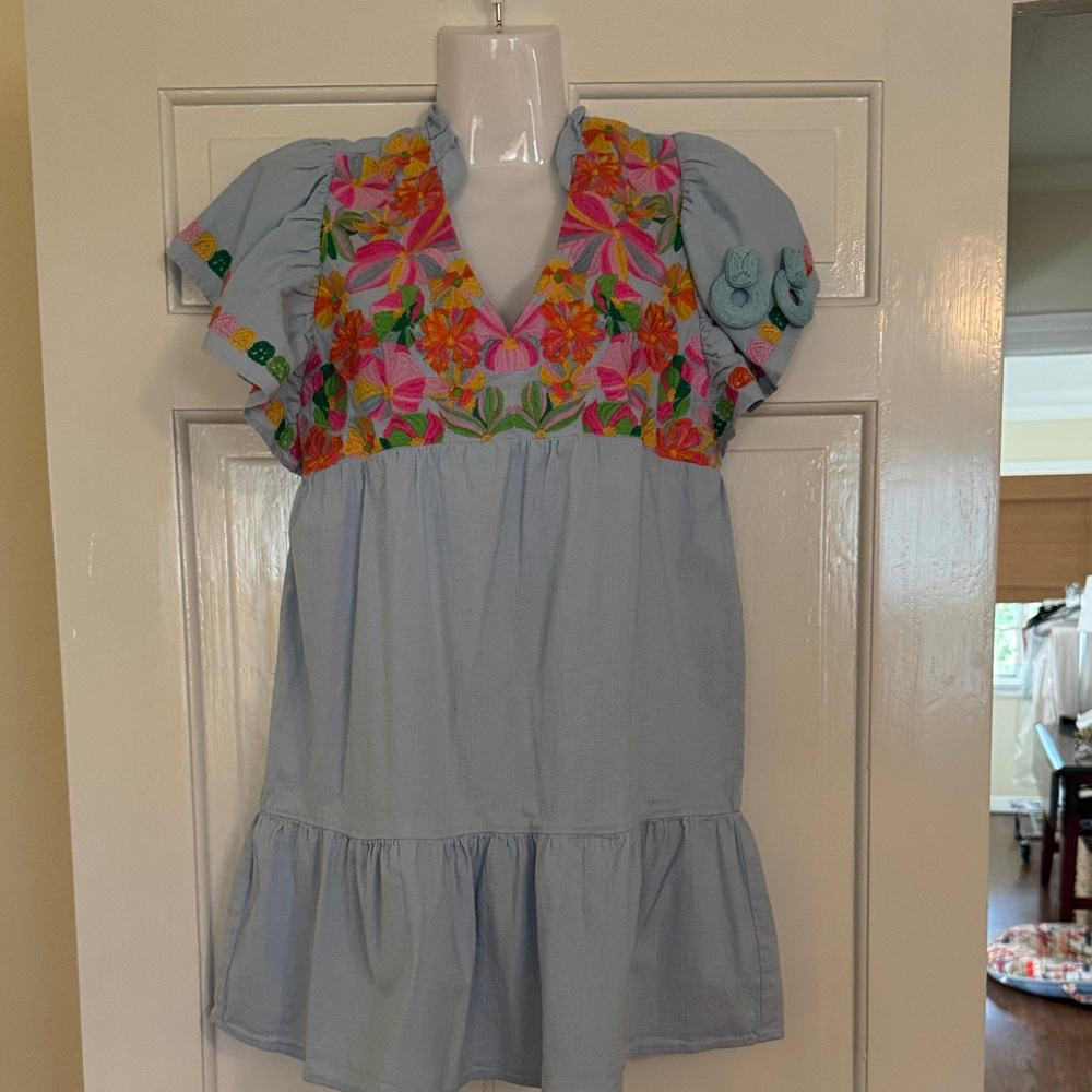 THML Blue Mini Dress with Floral Embroidery